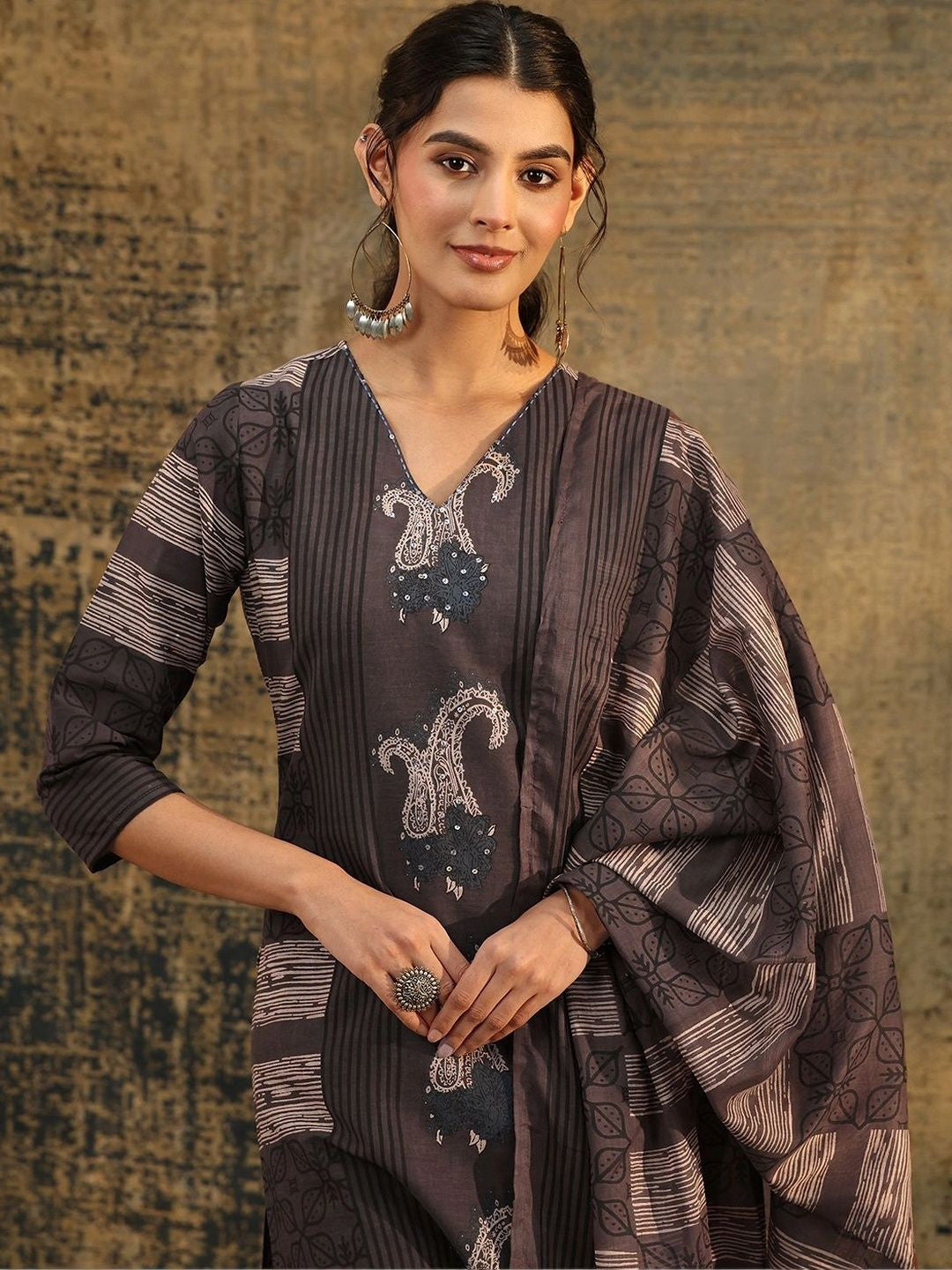 Grey Paisley Printed Cotton Straight Suit Set
