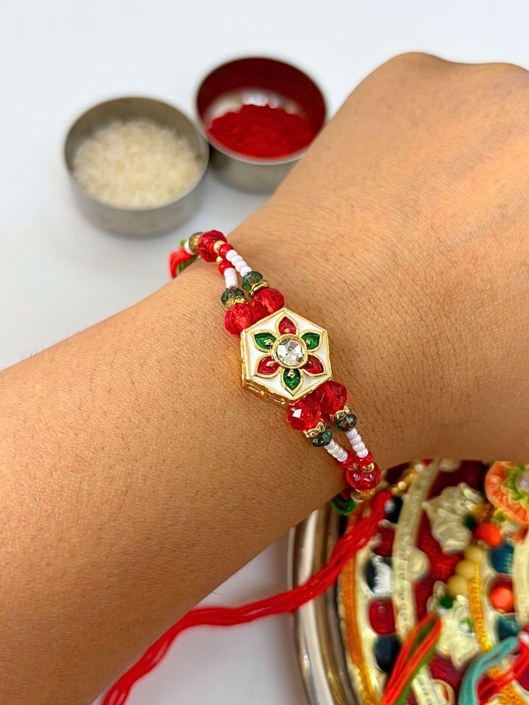 Dhiyona 3 pcs Meenakari Kundan Traditional Handmade Rakhi for Brother