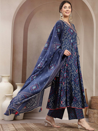 Printed Cotton V-Neck Kurta & Palazzos With Dupatta