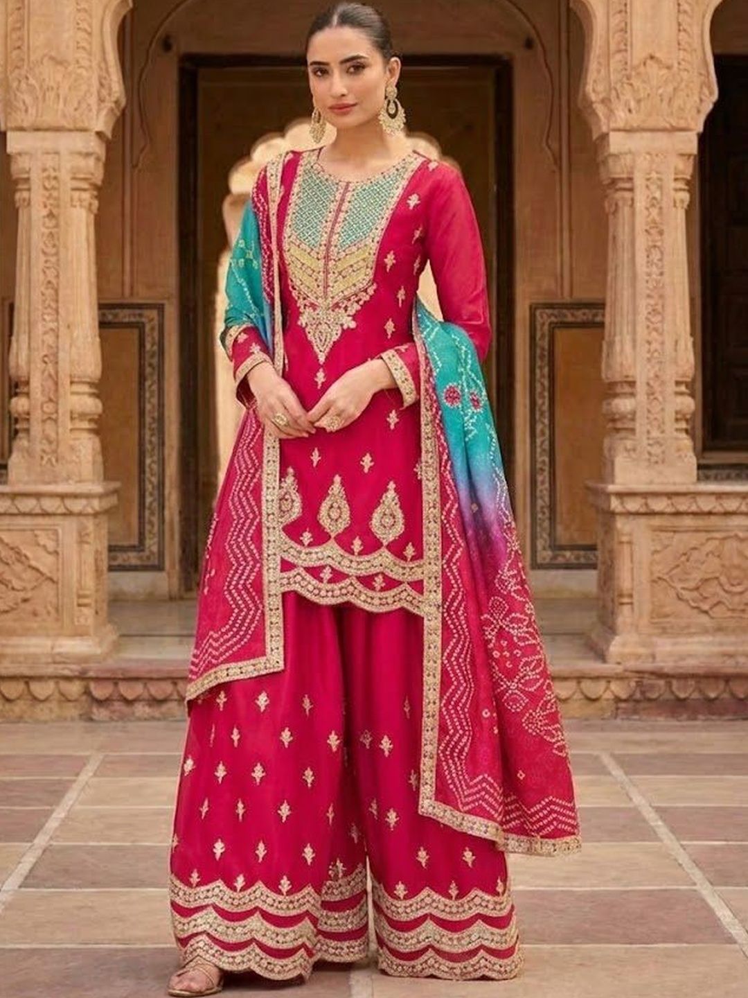 Dhiyona HOP Embroidered Round Neck Kurta & Sharara With Dupatta