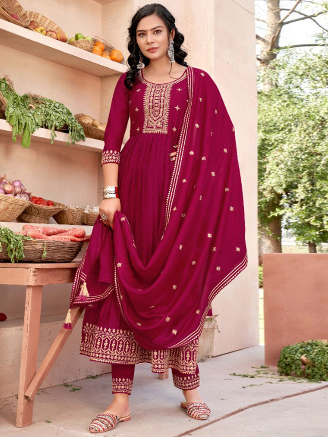 Sequence Zari Embroidered Round Neck A-Line Kurta & Trousers With Dupatta