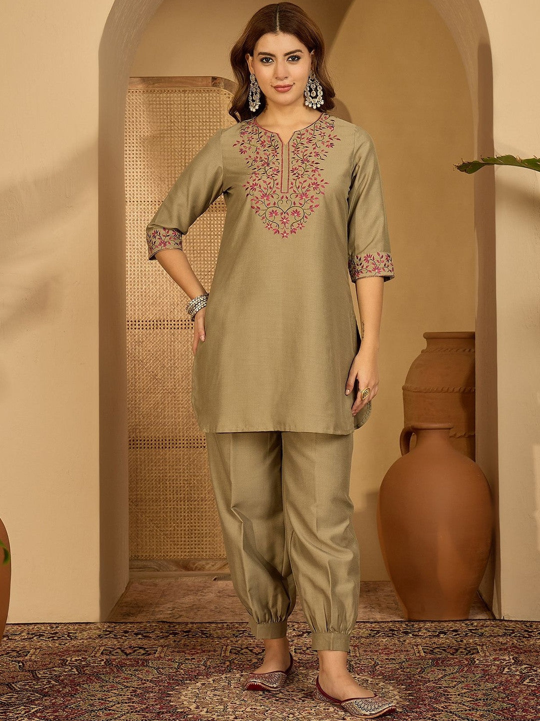 Women Olive Embroidered Kurta Sets With Dupatta