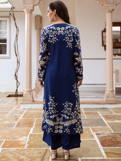 Embroidered & Printed V-Neck Kurta & Palazzos