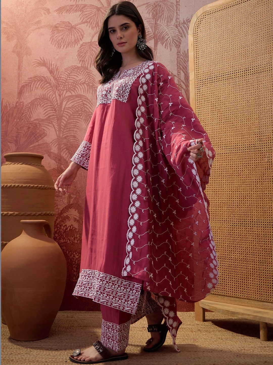 Embroidered V-Neck Kurta Trousers & Dupatta