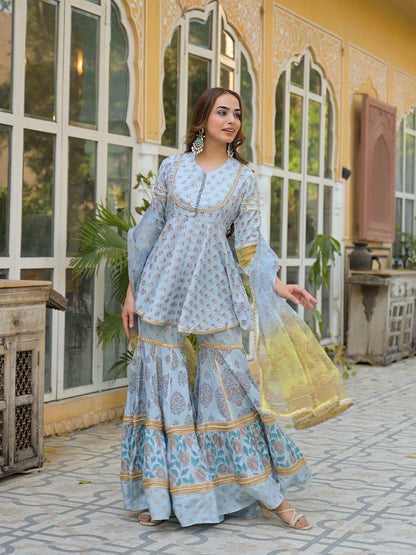 Dhiyona KL Women Blue Viscose Rayon Kurti With Sharara & Dupatta