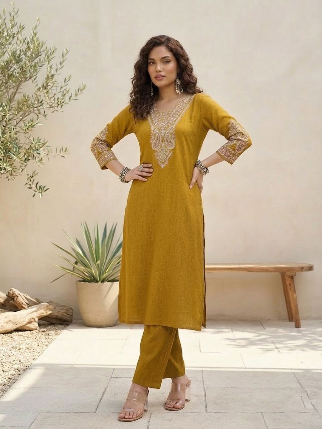 Mustard Women Ethnic Motifs Embroidered Regular Thread Work Kurta with Trousers