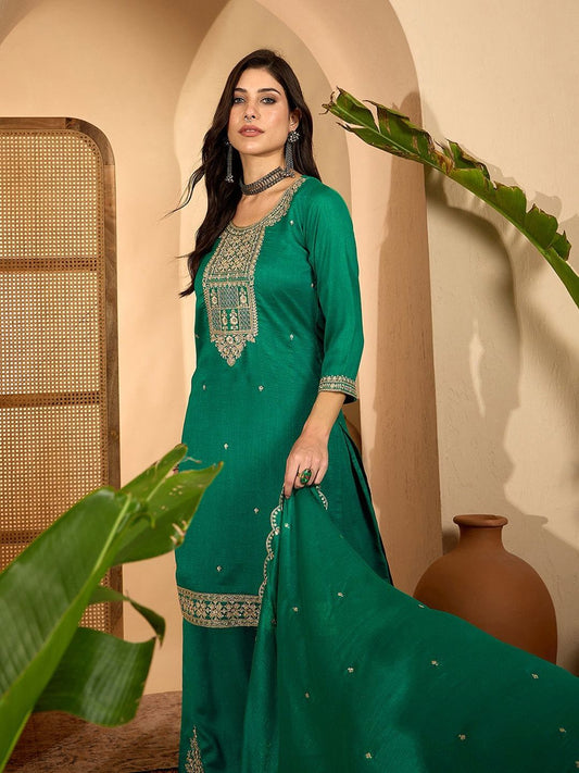 Dhiyona SN Ethnic Motifs Embroidered Thread Work Straight Kurta with Palazzos & Dupatta
