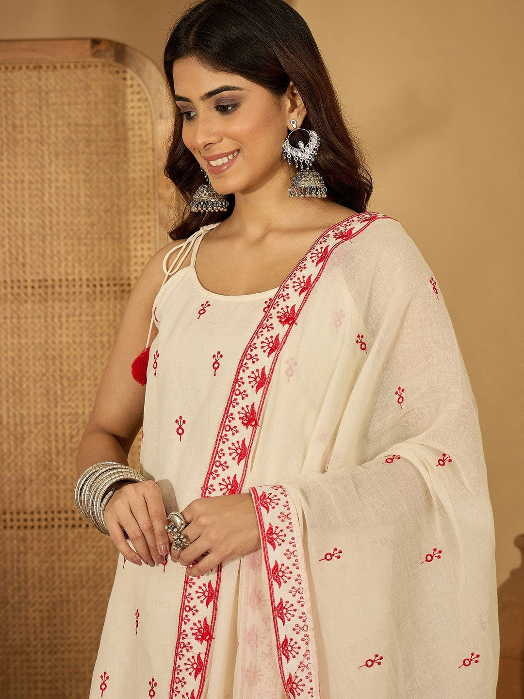 Embroidered Pure Cotton Shoulder Straps Kurta With Trousers & Dupatta