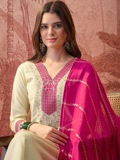 Embroidered V-Neck Kurta Trousers & Dupatta
