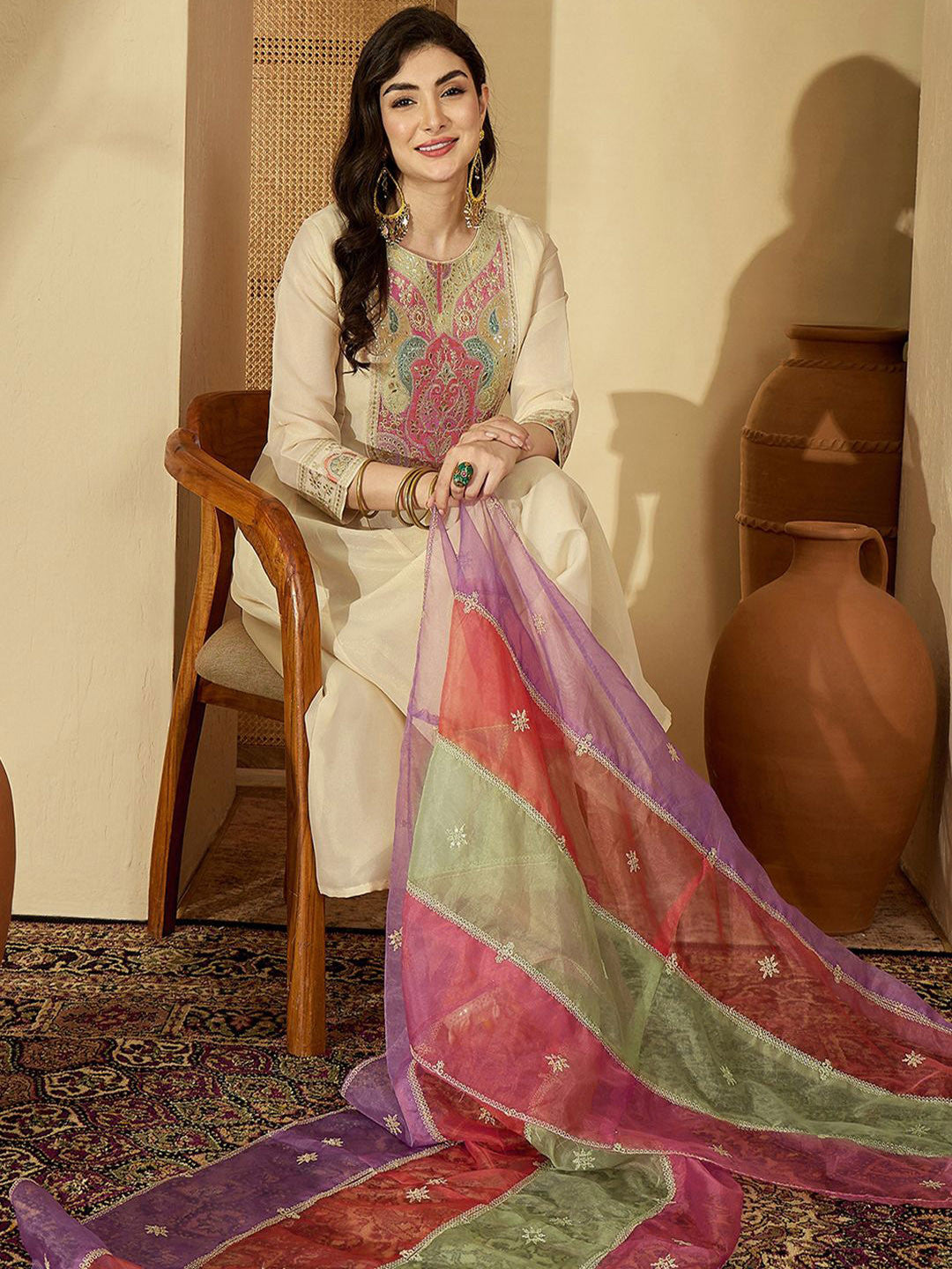 Women Ethnic Motifs Embroidered Round Neck Sequinned Kurta Trouser With Dupatta