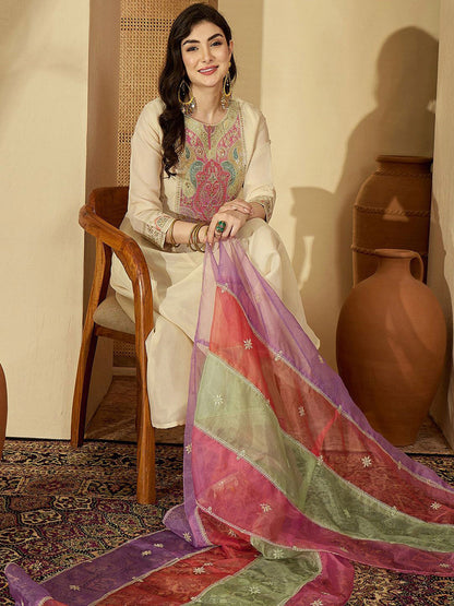 Women Ethnic Motifs Embroidered Round Neck Sequinned Kurta Trouser With Dupatta