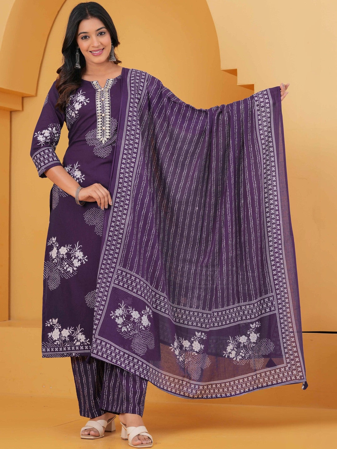 Printed Pure Cotton Round Neck Kurta & Trousers With Dupatta