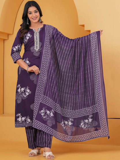 Printed Pure Cotton Round Neck Kurta & Trousers With Dupatta