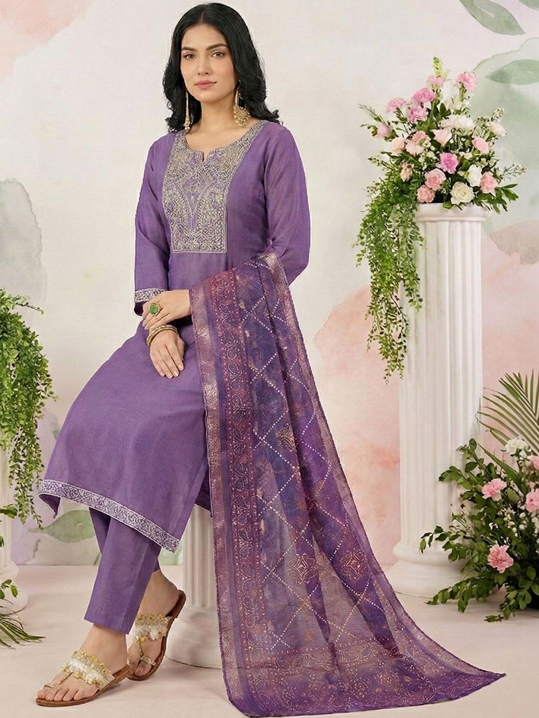 Dhiyona CH Women Ethnic Motifs Embroidered Regular Thread Work Kurta with Trousers & With Dupatta
