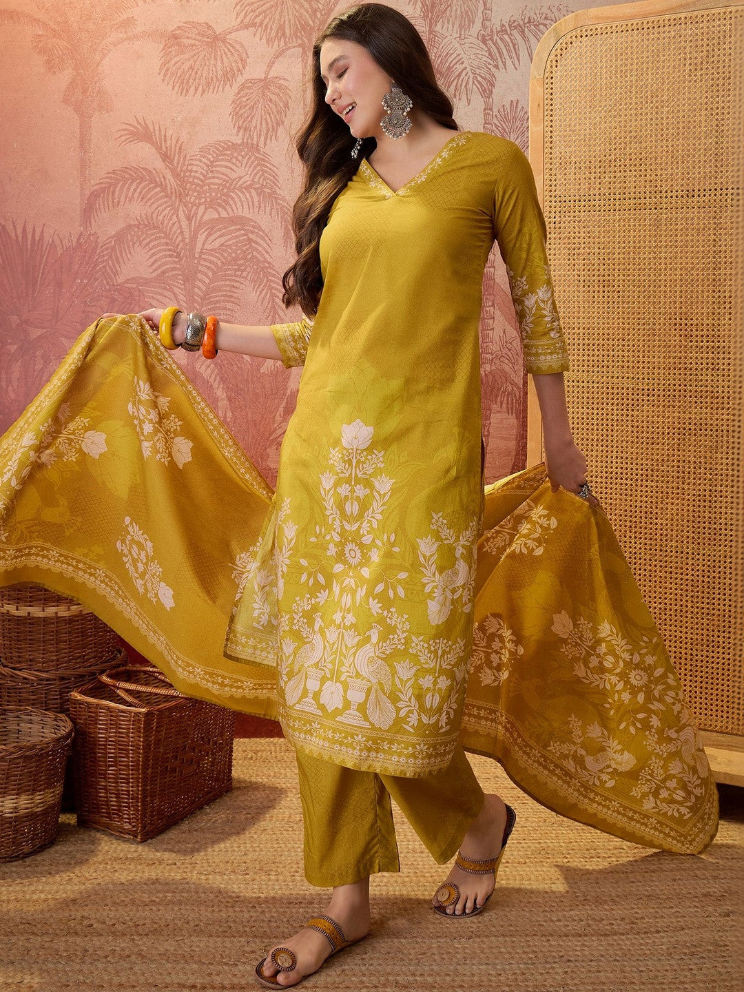 Printed Pure Cotton V-Neck Kurta & Trousers With Dupatta