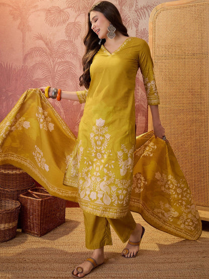 Printed Pure Cotton V-Neck Kurta & Trousers With Dupatta