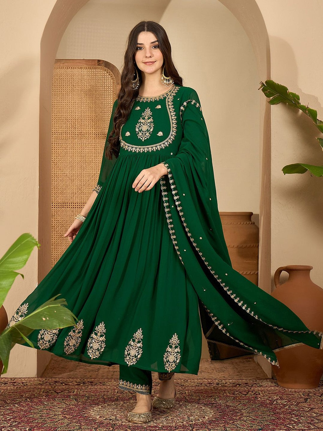 Women Ethnic Motifs Embroidered Tiered Thread Work Kurta with Trousers & With Dupatta
