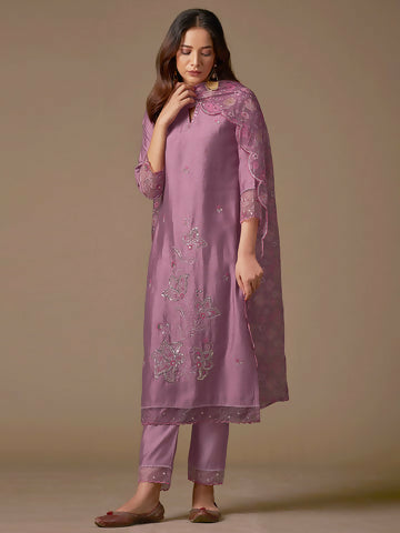 Women's Lavender Embroidered Straight Kurta Trousers With Dupatta Set