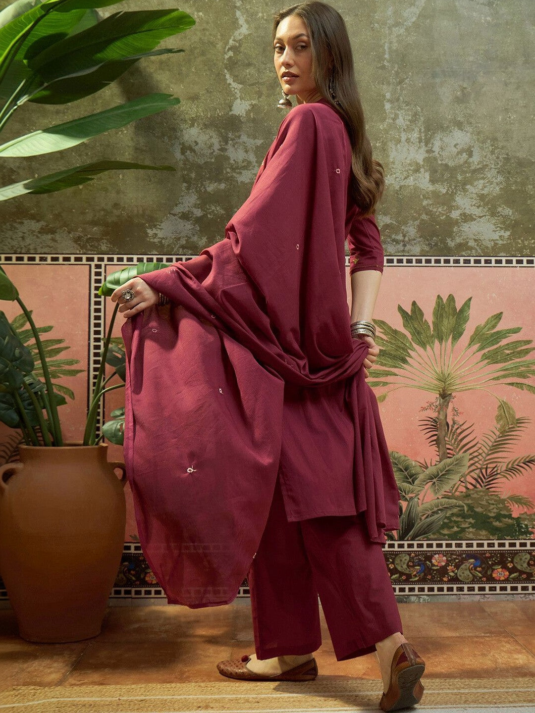 Embroidered Pure Cotton Mandarin Collar Kurta & Trousers With Dupatta