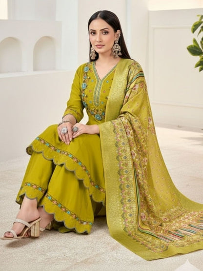 Dhiyona KL Women Ethnic Motifs Embroidered Panelled Thread Work Pure Silk Kurta with Sharara & With Dupatta