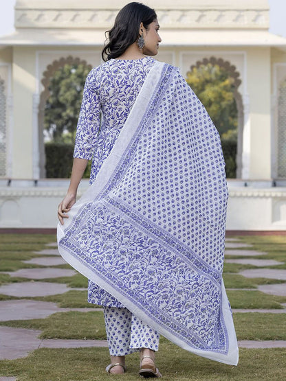 Dhiyona KL Floral Printed Gotta Patti Pure Cotton Anarkali Kurta With Trouser & Dupatta