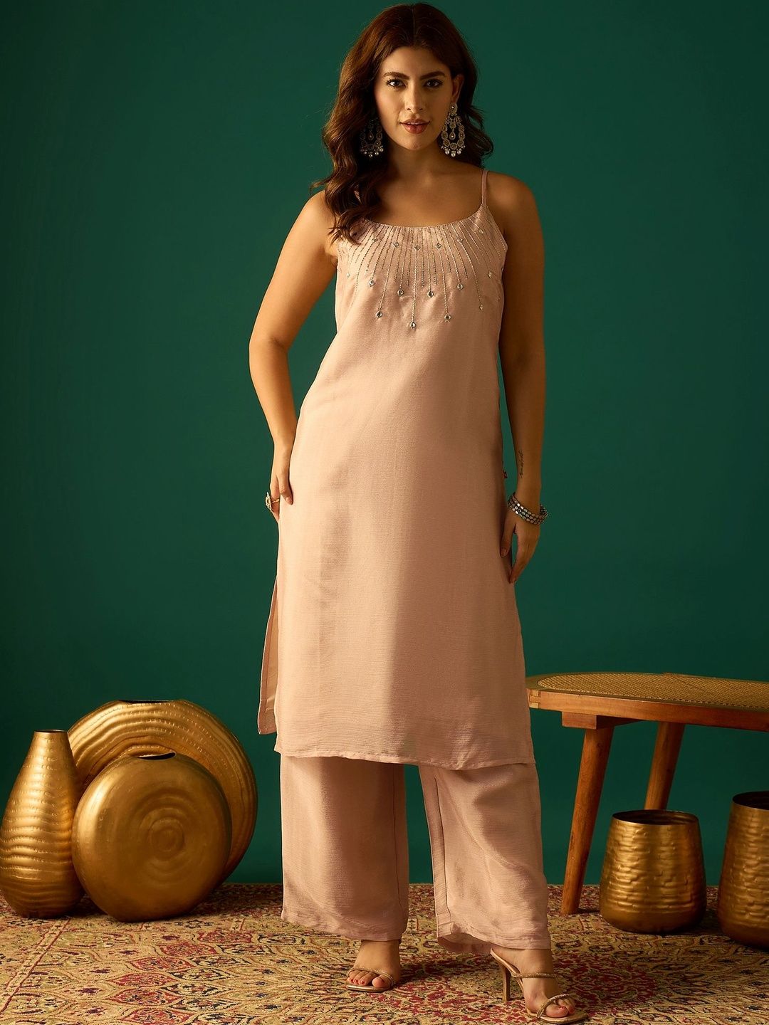 Dhiyona VA Women Embroidered Regular Beads and Stones Kurta with Palazzos & Dupatta