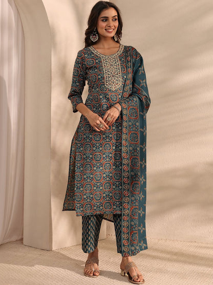 Libas Teal Ajrak Printed Straight Suit Set with Dupatta