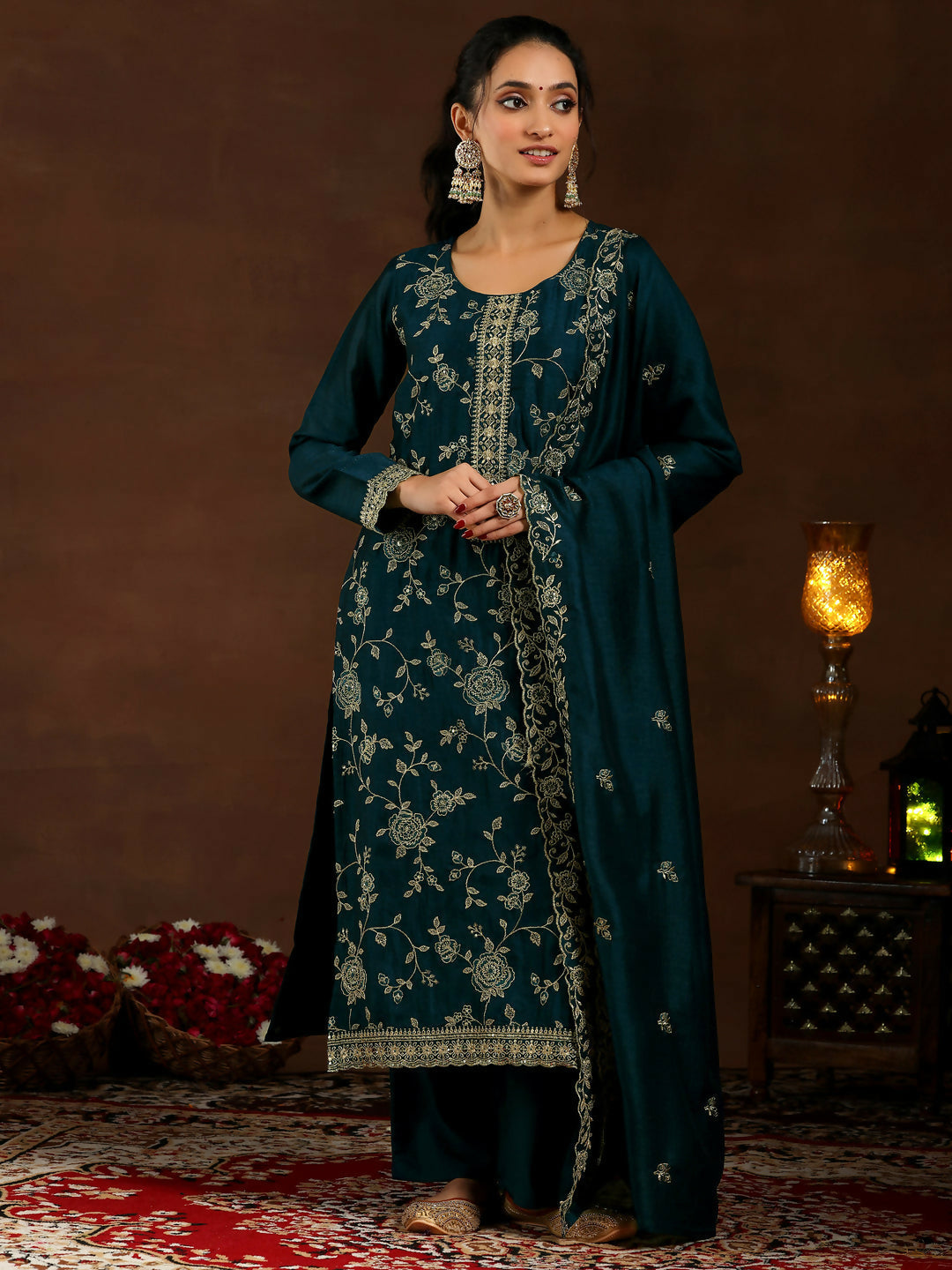 Women's LB Teal Embroidered Silk Blend Straight Suit With Dupatta