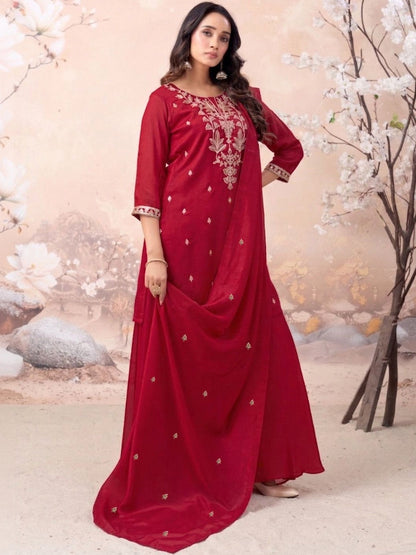 Embroidered Silk Blend Round Neck Kurti & Sharara With Dupatta