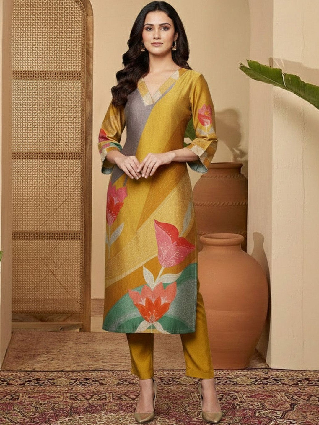 Dhiyona SN Printed V-Neck Kurta & Trousers