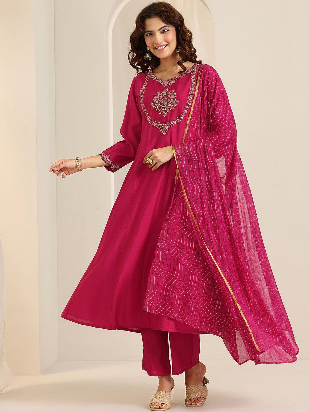 Floral Yoke Design Thread Work A-Line Kurta With Trousers & Dupatta