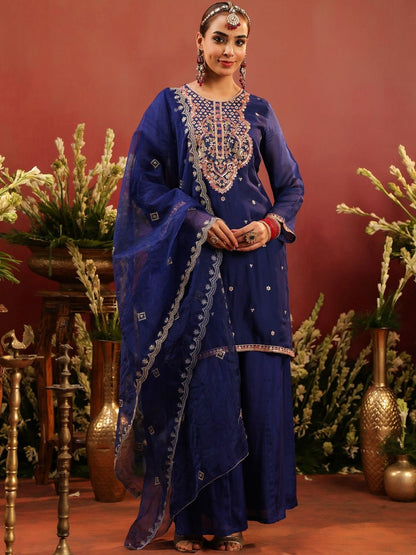 Dhiyona SC Women Midnight Blue Organza Silk Embroidered Sharara Set