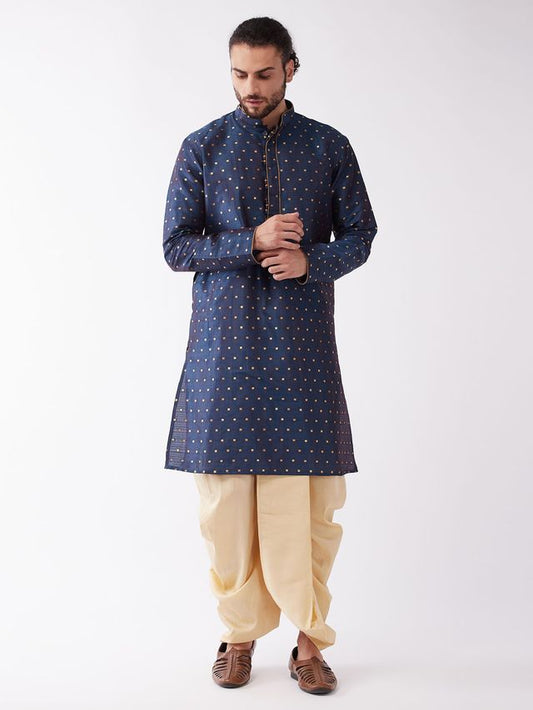 Men's Blue Silk Blend Straight Kurta and Dhoti Set