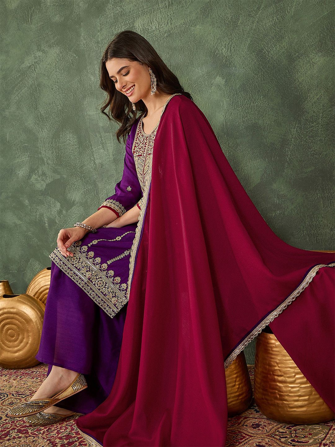 Dhiyona KL Women Ethnic Motifs Embroidered Regular Thread Work Kurta with Palazzos & With Dupatta
