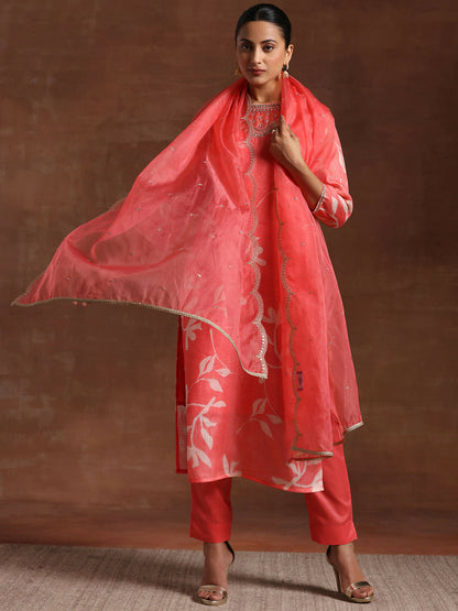 Women's LB Coral Printed Organza Straight Suit With Dupatta