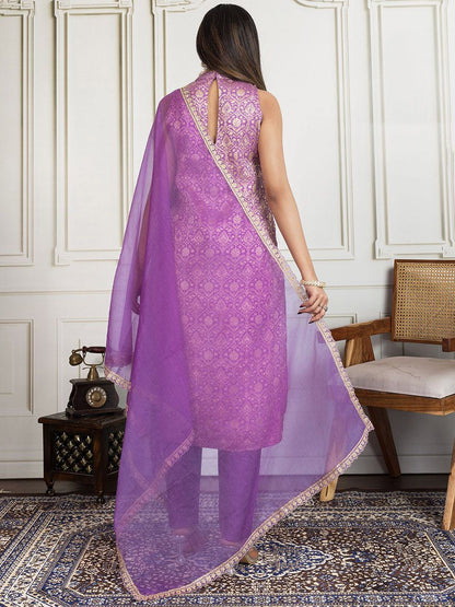 Dhiyona PD Women Ethnic Motifs Zari Woven Design Straight Kurta & Trousers With Dupatta