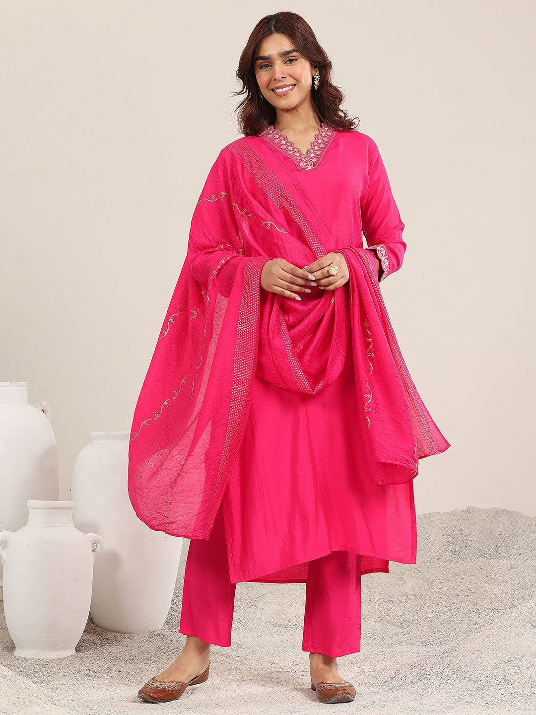 Yoke Design V Neck Kurta With Trousers & Dupatta