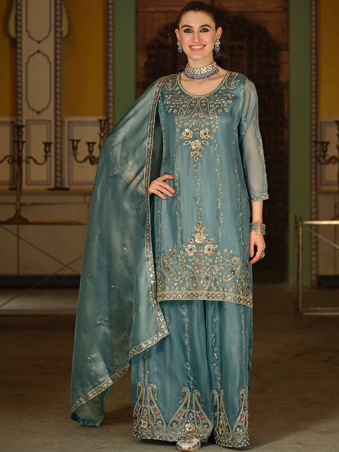 Ethnic Motifs Embroidered Regular Sequinned Kurta with Sharara & With Dupatta
