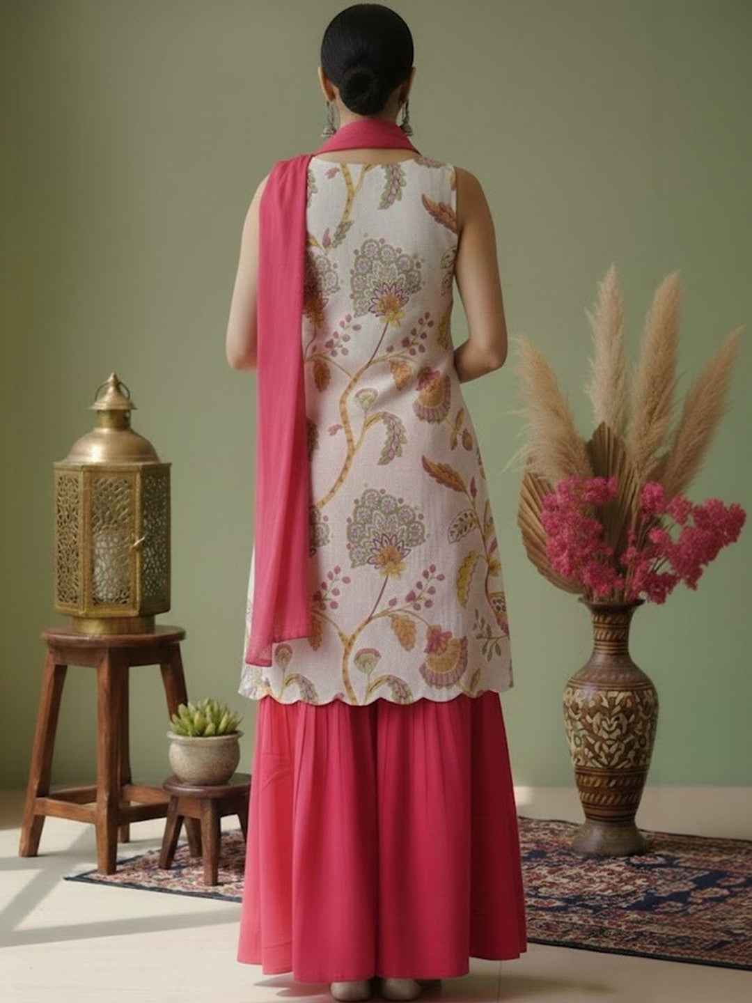 Printed Pure Cotton Sweetheart Neck Kurta & Sharara With Dupatta