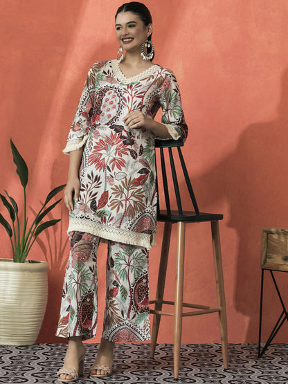 Floral Printed V-Neck Pure Cotton Straight Kurta With Palazzo