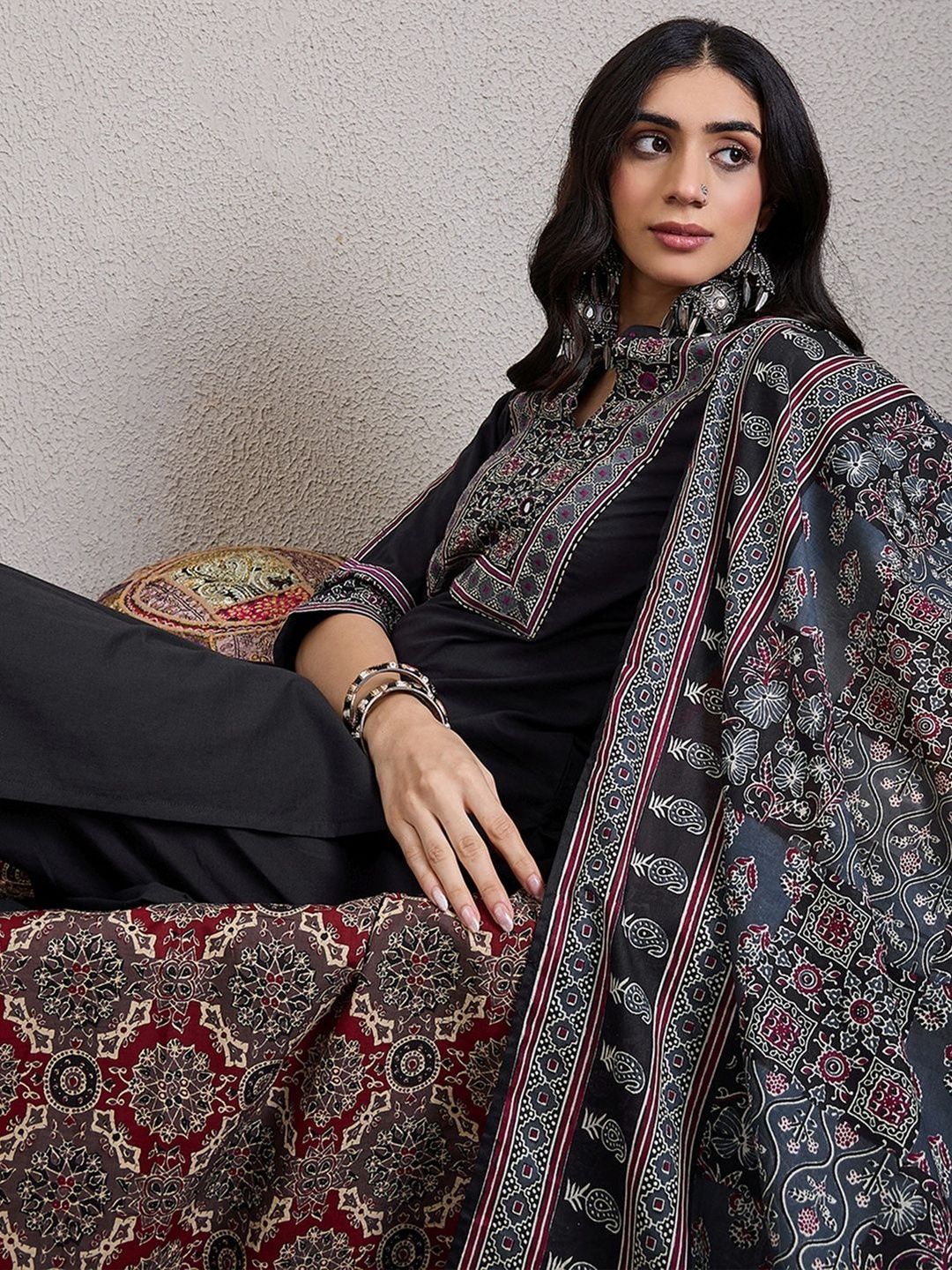 Ethnic Motifs Printed Mirror Work Pure Cotton Kurta With Trousers & Dupatta