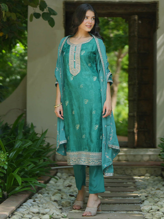 Women's LB Turquoise Woven Design Silk Blend Straight Suit With Dupatta