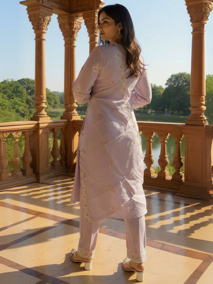 Embroidered V-Neck Thread Work Pure Cotton Straight Kurta With Trousers & Dupatta