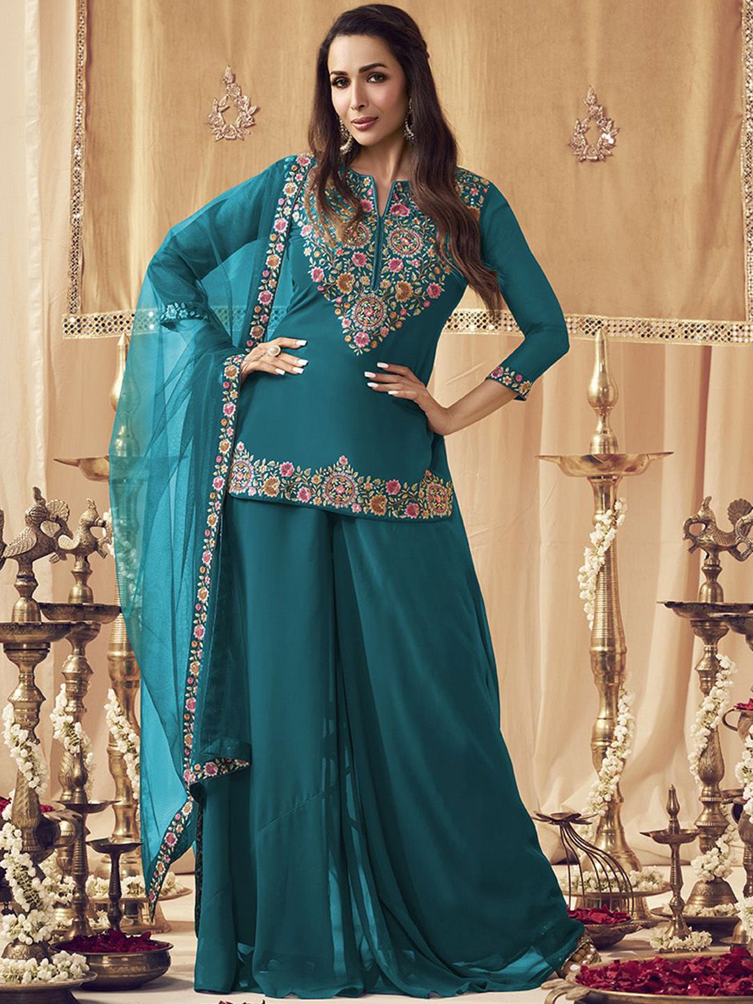 Dhiyona IN Turquoise Blue Floral Embroidered Notch Neck Georgette Kurti with Palazzo & Dupatta
