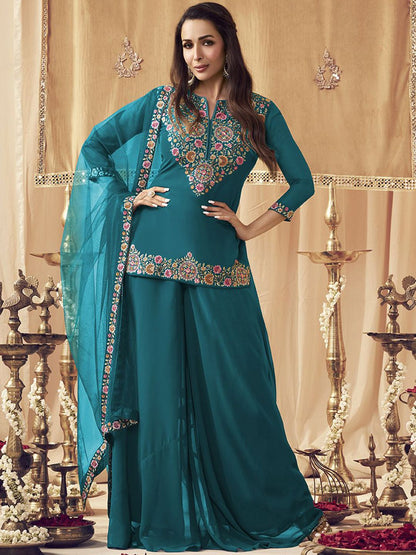 Dhiyona IN Turquoise Blue Floral Embroidered Notch Neck Georgette Kurti with Palazzo & Dupatta