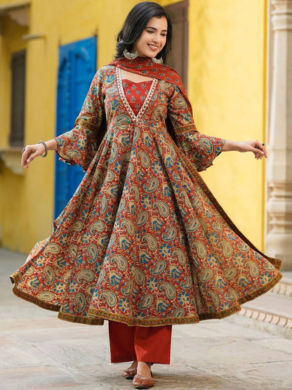 Dhiyona RR Women's Printed Regular Pure Cotton Kurta With Trousers & Dupatta