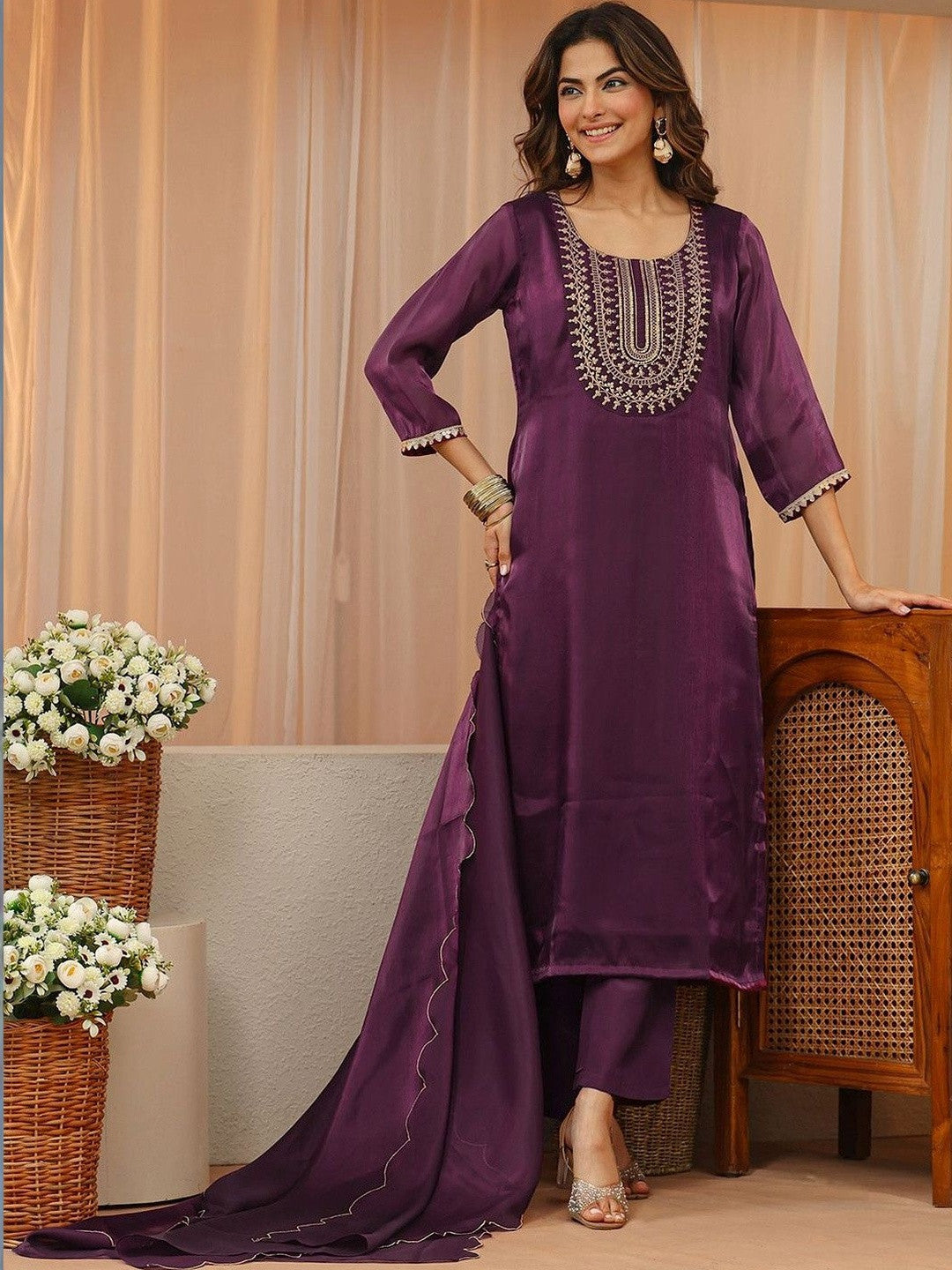Libas Burgundy Yoke Design Tissue Straight Suit Set