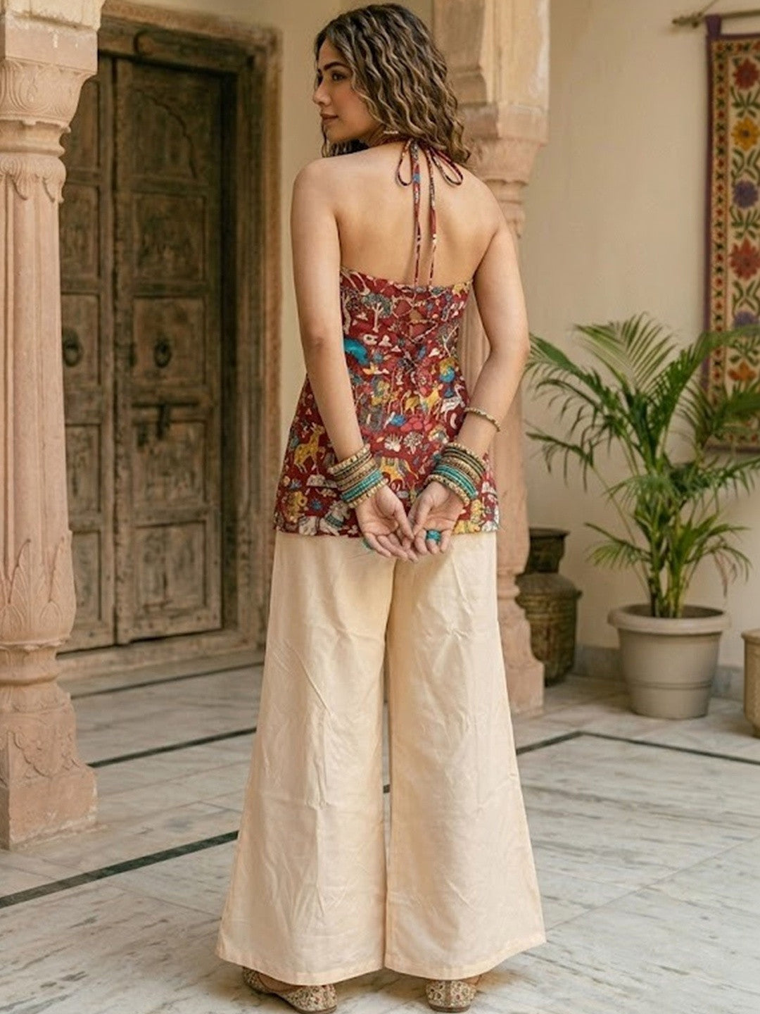 Printed Pure Cotton Halter Neck Kurti & Palazzos