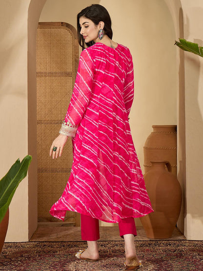 Women Leheriya Printed Regular Mirror Work Kurta with Trousers