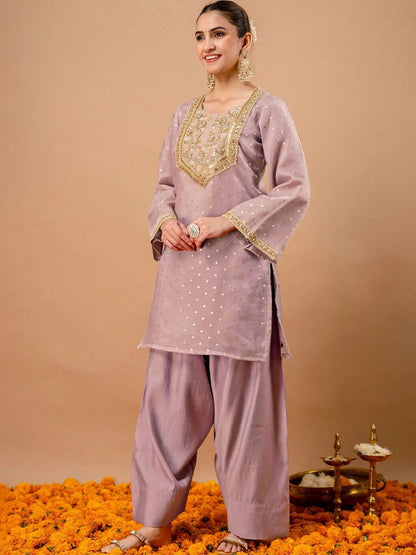 Embroidered Dusty Lavender Silk Blend Kurta Set